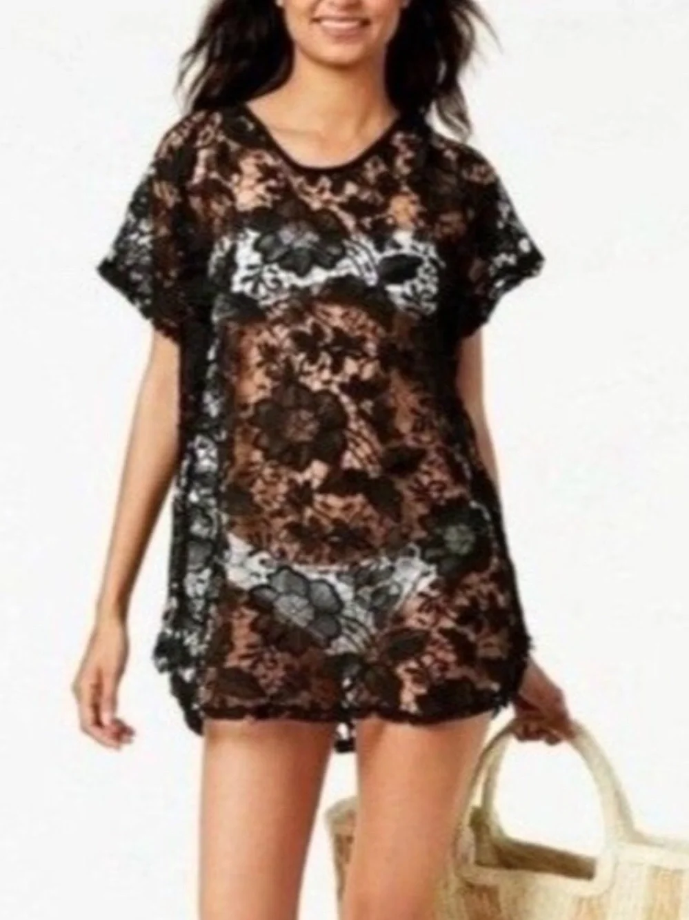 Miken Swim Juniors' Crochet Dress Cover-Up Black Lace Size Large NEW